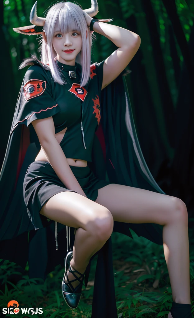 highest quality, 8k, Ultra-detailed, Red eyes, One Girl, devilish appearance, (silver hair in a bob cut:1.5), Red eyes, Kind eyes, (A carefree smile:1.2), (Black bat wings grow:1.5), (Black cow horns grow:1.3), Black Devilless, Beautiful black dress, solo, Upper Body, 12 years old, , Forest Background、sit