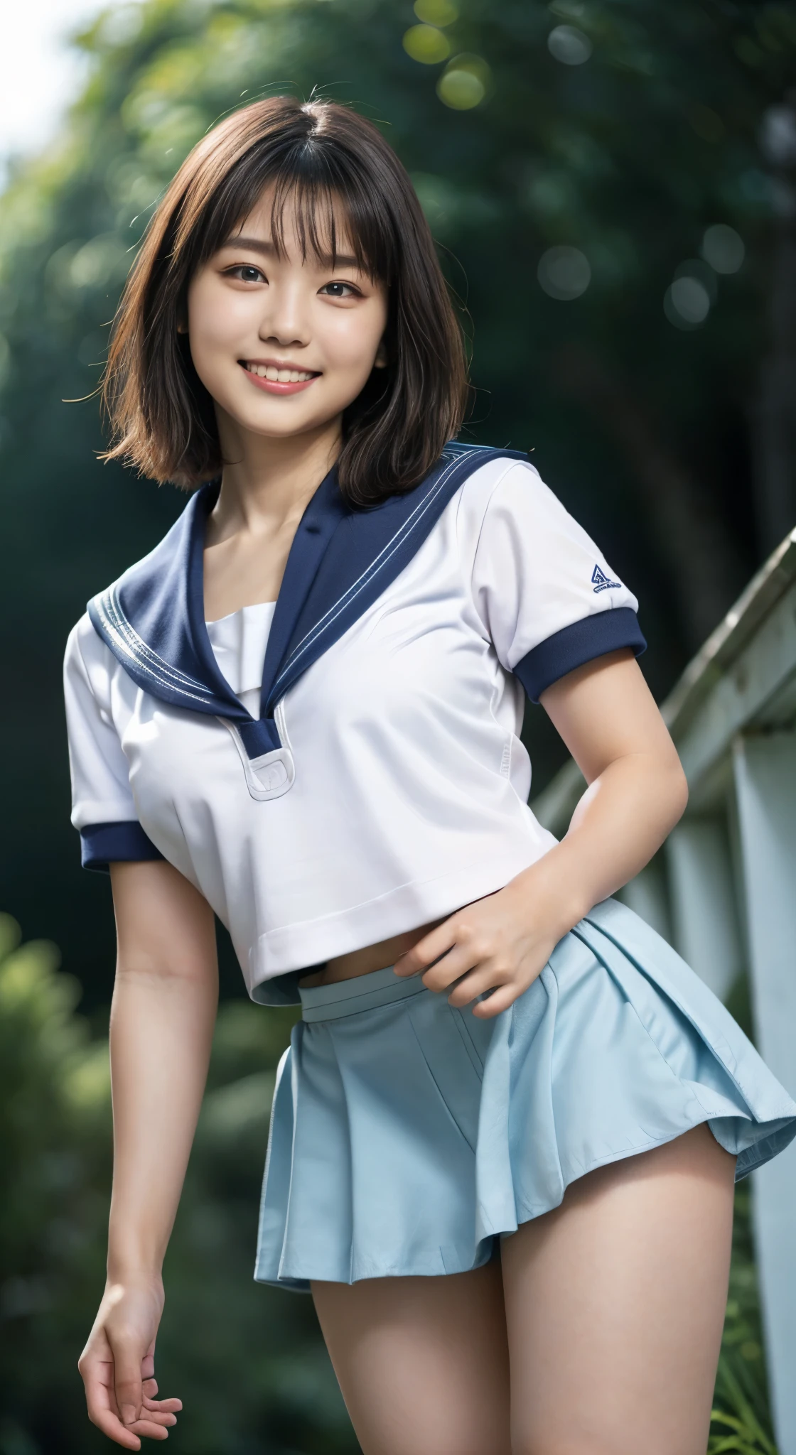 （8k、Raw photography、highest quality、masterpiece：1.2),(Black Hair:1.5),(Very short hair:1.4),(1 high school girl:1.6)、(school uniform、Polo shirt、Check skirt: 1.6)、(Clothing that emphasizes the shape of your chest、Big Breasts:1.7)、(Light blue sailor suit:1.6)、Ultra-high resolution,(grassland:1.3)、(Japanese women: 1.2),（Realistic：1.37）、Photon Mapping,reality、(very cute: 1.9)、(Cute Smile: 1.8)、(Round face: 1.9)、(Baby Face: 1.4)、Radio City、Physically Based Rendering、Depth of field rally background、photograph, (Wearing a skirt that is too short: 2.0)、(White panties are visible:1.4),(Angle from below、Your thighs are beautiful: 1.5)、whole body、Great quality