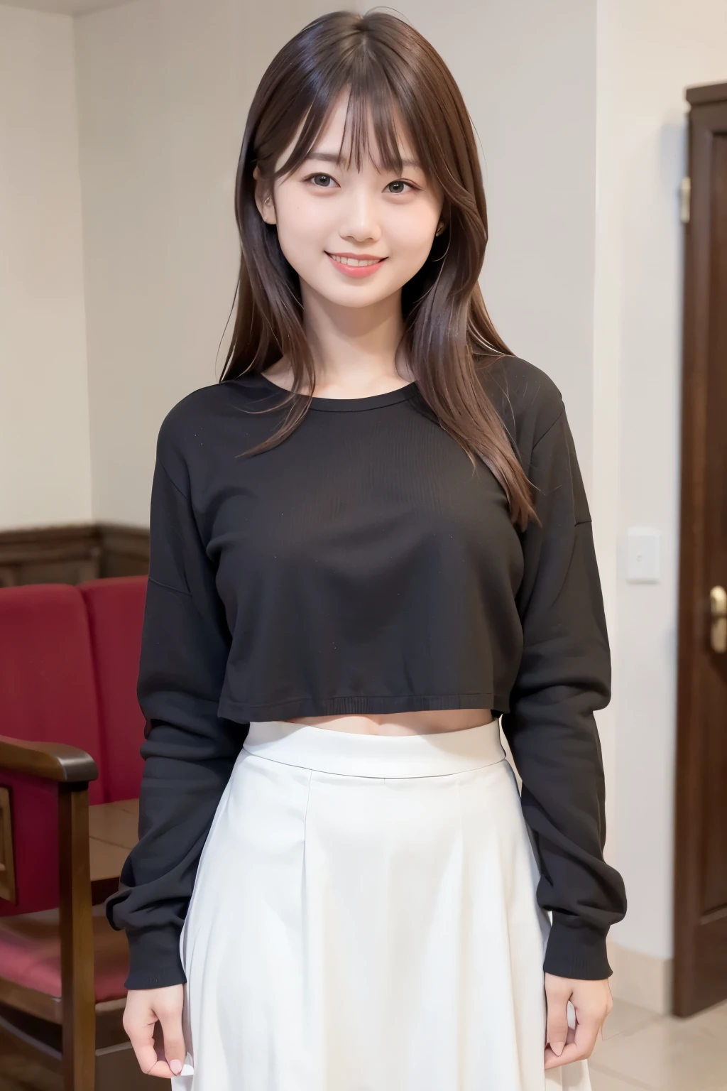 frame in, from right in front of face and body, full body, High quality, very high res, High quality, cute girl, (straight hair:1.2), black hair, forehead, medium hair, parted bangs, looking at viewer, bra, White fluffy skirt, smile, (have a big manuscript in hand:1.2), standing