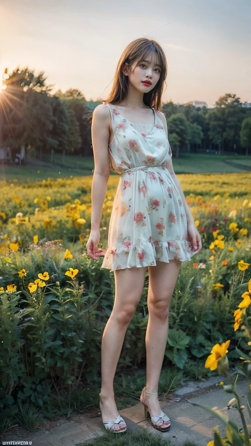 (highest quality,4K,8k,High resolution,masterpiece:1.2),ultra-detaileded,(highest quality,Realistic:1.2),Lovely lady,Poppy flower garden,Transparent yellow floral summer dress,sunset,play,joy,beauty,Harmony,Portraiture,Soft lighting,Vibrant colors, High resolution, 8k, Absurd, Cinestill 800, Sharp focus, addition_detailed:2, Ultra HD | | | ((Full Body Shot)) addition_detailed:2 (1 Female, alone)