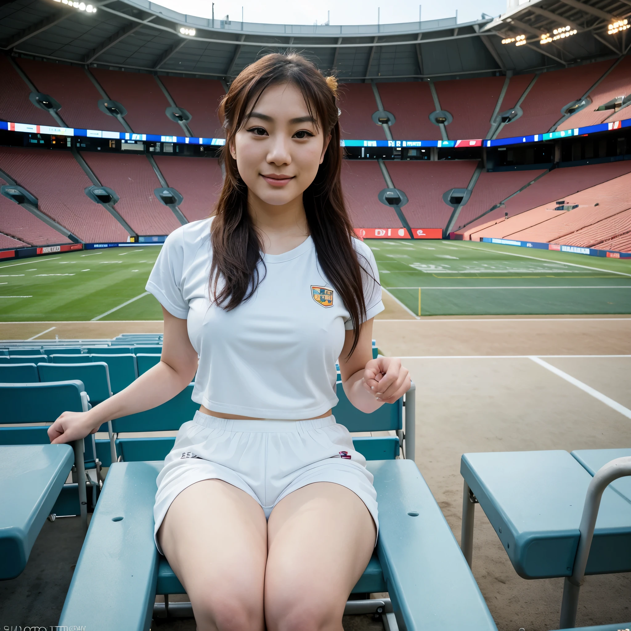 A beautiful Asian girl, con rasgos faciales perfectos como los de las idols coreanas, piel muy blanca y cuerpo proporcionado, sitting in a row of seats in a football stadium. no trae nada de ropa, tiene sus tetas grande al aire libre, showing enthusiasm as part of the fans. The photo is taken from a lower seat with a professional camera, using a standard lens to capture his expression and the atmosphere of the stadium. Good natural lighting, resaltando su belleza y detalles como su ropa y el ambiente. La imagen tiene un alto nivel de realismo y calidad, capturing sharp details and vibrant colors, con una profundidad de campo adecuada. Camera settings include high resolution, apertura f/2.8 para un fondo ligeramente desenfocado, ISO bajo para evitar ruido, and fast shutter speed to freeze any movement.