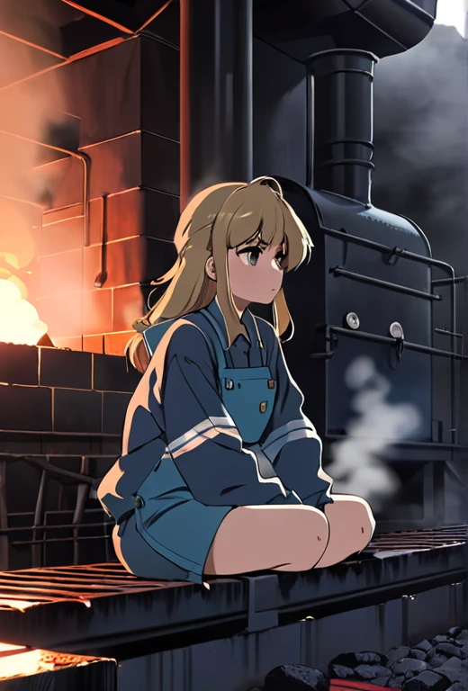 anime screencap, thick outline, girl sitting next to a black coal oven rushed and in water in bad ragged work clothes, sad mood, foggy breath with steam and fog in the background, stylized 80's anime, 1980s style, (cinematic depth of field effect)