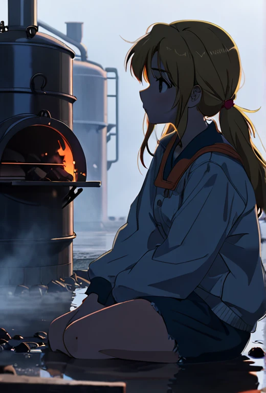 anime screencap, thick outline, girl sitting next to a black coal oven rushed and in water in bad ragged work clothes, sad mood, foggy breath with steam and fog in the background, stylized 80's anime, 1980s style, (cinematic depth of field effect)