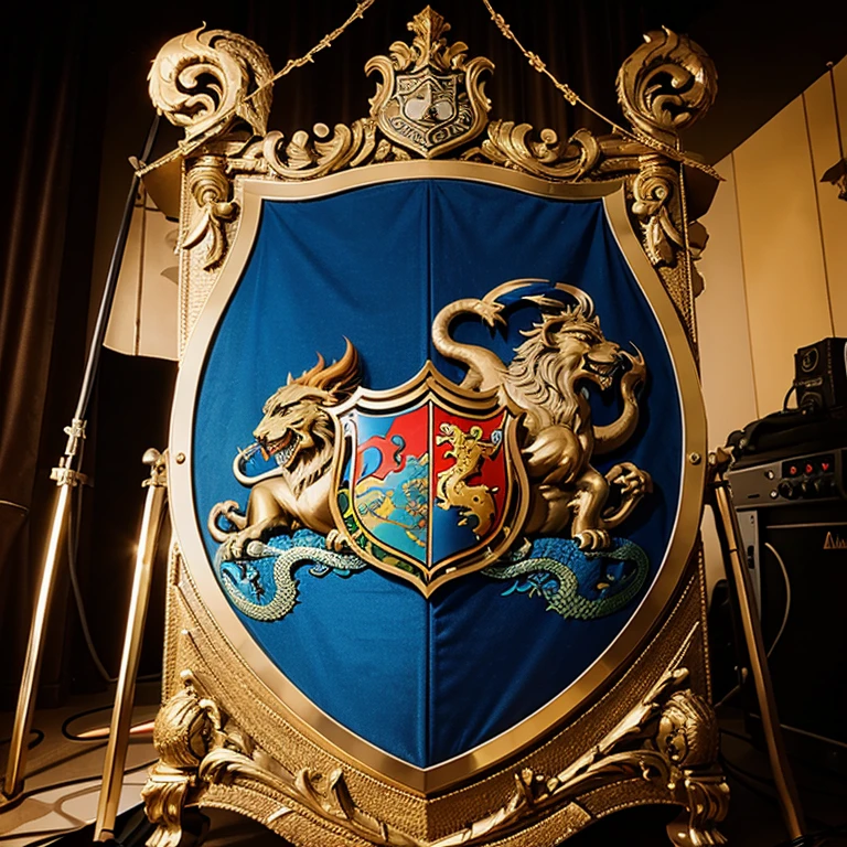 Lions behind shield with eletric guitar and two dragons 