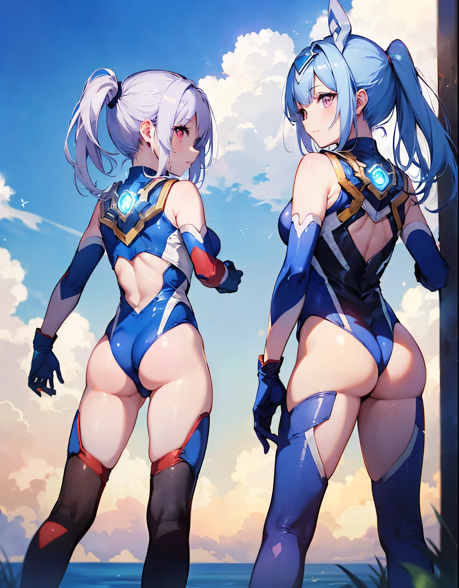 (Close-up:1.3),Realistic,highest quality, Ultra Detail, High-quality CG rendering, The most delicate and beautiful, Floating softly, High resolution, (1 girl), (Highest quality,4K,8K,masterpiece:1.2) ,Light purple hair,Rabbit,Bunny ears,ponytail,Red eyes,(Ultra Girl:1.0),(Bright blue Ultraman bodysuit:1.4),(Blue gloves:1.3),(Blue shoes:1.3), (Turn your back to your audience:1.3),,(背中にウサギのAss尾:1.5),(whole body:1.3)