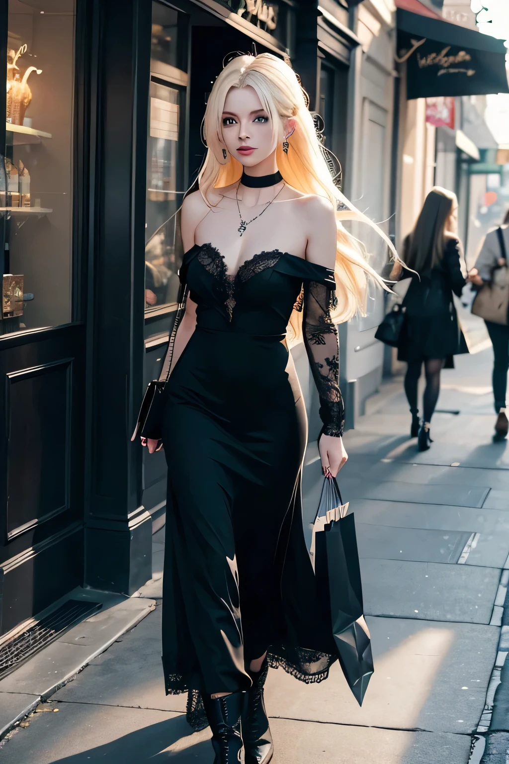 Let's play Valentina, our platinum blonde girl with soft green eyes, thin tall and long hair with very long bangs following the rest of her hair, short painted nails. She is wearing a lot of jewelry, less piercings. She hates wearing a nose ring. She is walking in the shopping center, wearing a long black dress with lace. She wears black boots and sunglasses in her hair and has some jewelry such as earrings, a necklace, a necklace and a ring. She has tattooed arms and shoulders