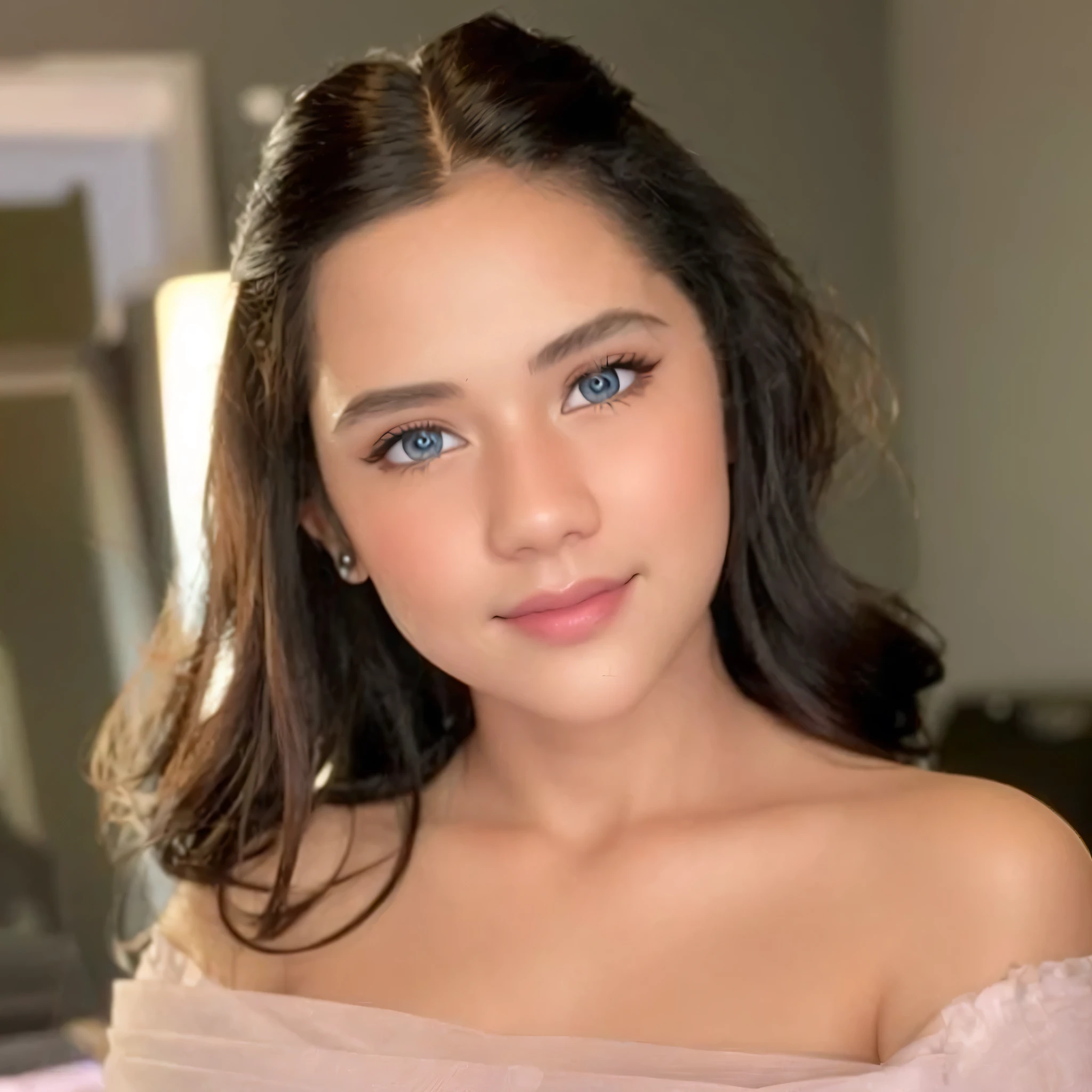 Cartoon girl white skin, blue eyes and a black shirt smiling, render de uma  anime 3d bonito, Personagem de close up, bonito 3 d render, photorealistic anime girl rendering, semi-realistic rendering, retrato de personagem de closeup, Estilo anime 3D realista, bonito ligeiramente nerd sorriso, arte cg anime suave, smooth 3d CG rendering, 8k portrait render, kawaii retrato realista