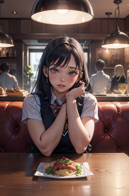 (Obra de arte, melhor qualidade), 1 garota, cabelo loiro, Olhos rosa, tilt your head, nariz corado, do outro lado da mesa pov, seios enormes, sweater vest, Burberry print, colares, pulseiras, bare arms, comida, bife, Romantic lighting, glass of champagne, rosto e olhos detalhados, restaurant,