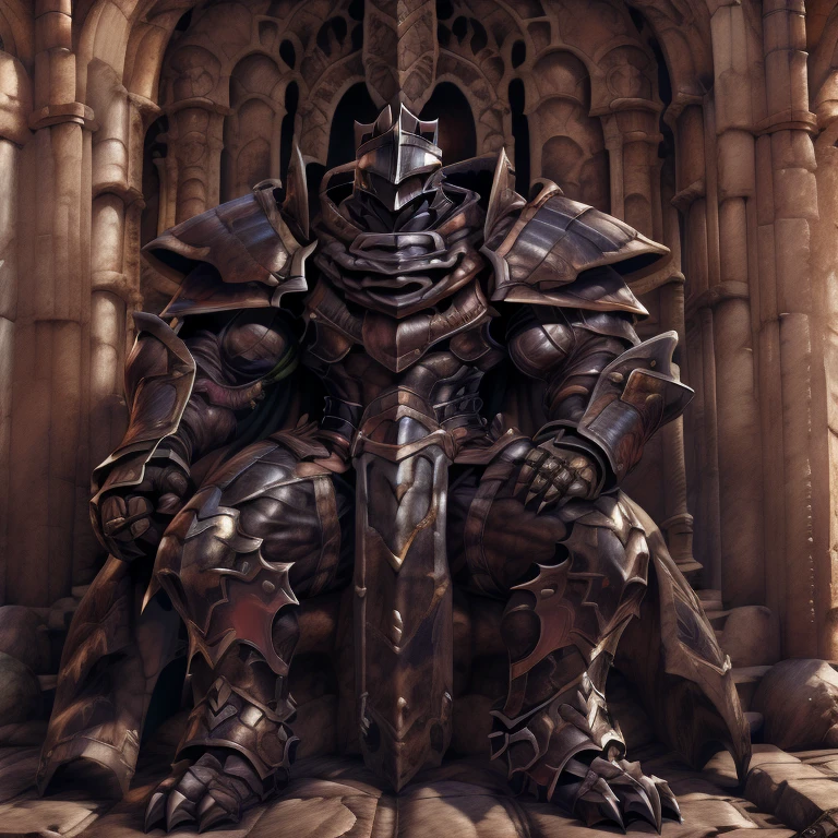 (masterpiece, best quality, detailed:1.2) (Pokémon) LUCARIO, detailed full body, a knight's mechanical armor, glowing wide and heavy armor, wears full body armor. massive muscles, huge pecs, chiseled abs, huge pectorals, exaggeratedly huge muscles. wearing a cloak. unusually developed muscular body big muscle, pecs, triceps, traps, waist narrow, unusually developed muscular body, Dark knight, BlackKnight_fe, The claws are sharp, Sharp teeth, He wears a black cloak on his back. sitting on the throne,