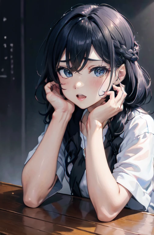 (Obra de arte, side lighting, lindos olhos finamente detalhados: 1.2), 1 garota, franja, olhos azuis, cabelo azul, eyebrows visible through hair, cabelo entre os olhos, coque de cabelo, hands on own cheeks, hands on own face, head rest, joia, mangas compridas, olhando para o espectador, cabelo medio, verruga, verruga under eye, Sozinho, tronco, youtuber virtual, Obra de arte, melhor qualidade, Messy hair, trends on Artstation, 8k resolution, altamente detalhado, Anatomicamente correto, clear image, pintura digital, arte conceitual, trends on pixiv, estilo de Makoto Shinkai,