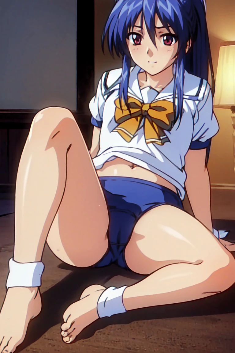 (highest quality,High resolution,Tabletop:1.2),Very detailed,(reality,Photorealisticです,Photorealistic:1.37),Game CG, One Girl, -yeld gi Blue Hair, (Half Up:1.1), (Small breasts), (White short-sleeved gym uniform with navy blue cuffs、Navy Blue Bloomer)、barefoot、Dark blue socks、 Big smile、Ground、Schoolyard、Eye and facial details, Kamimei、I am blushing, Surprised expression, Soft lighting, Full body angle