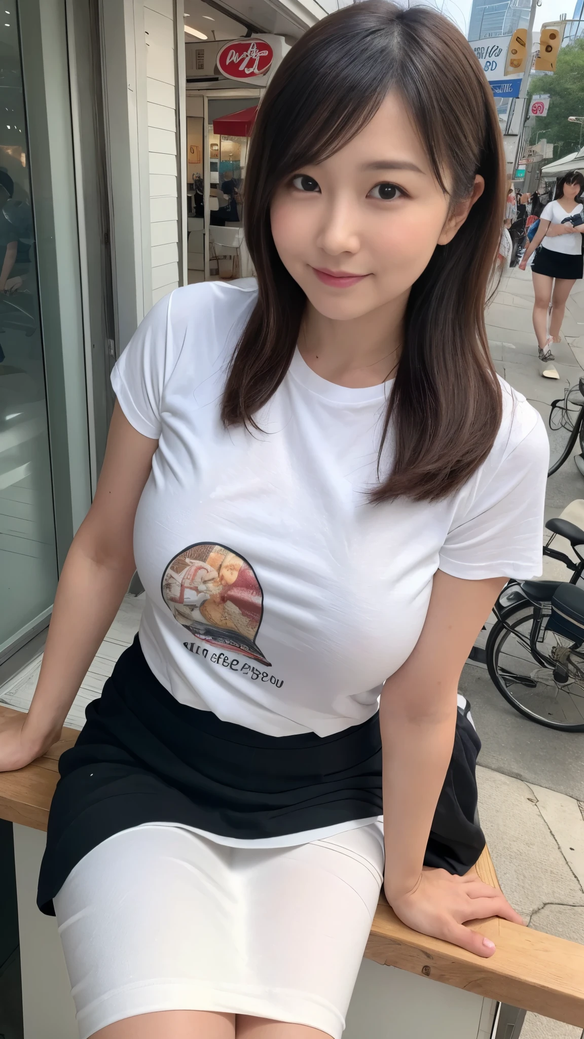 Bright outdoors、Walking around town、((masterpiece))、((top-quality))、a picture、Realisticity、high-level image quality、Advanced depth of field、ultra-detailliert、Realistic lighting、((Beauty salon))、((white t-shirt with new york printed on it,black skirt))、((Washing customers' heads))、((Close to close、Right in front of you))、married woman、in her 20s、Delicate facial features、long wave-brownhair、ponytail、Realistic backgrounds and accessories、large full breasts、valley、Plump body、Sexy smile、Serious gaze、from above、Have a cup of coffee in a paper cup