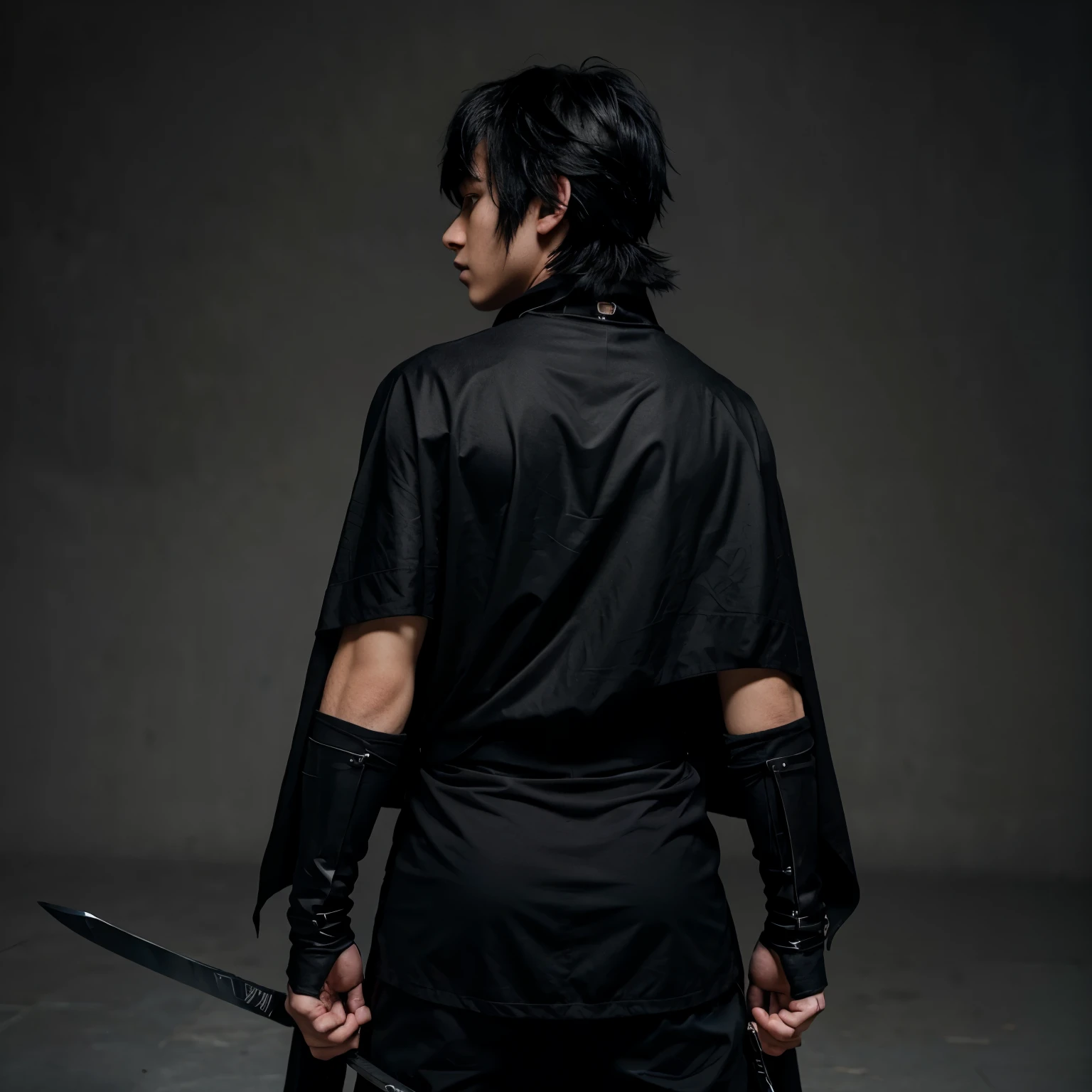 Emo boy with a cape behind his back and some swords with a hat and black hair in black clothes.