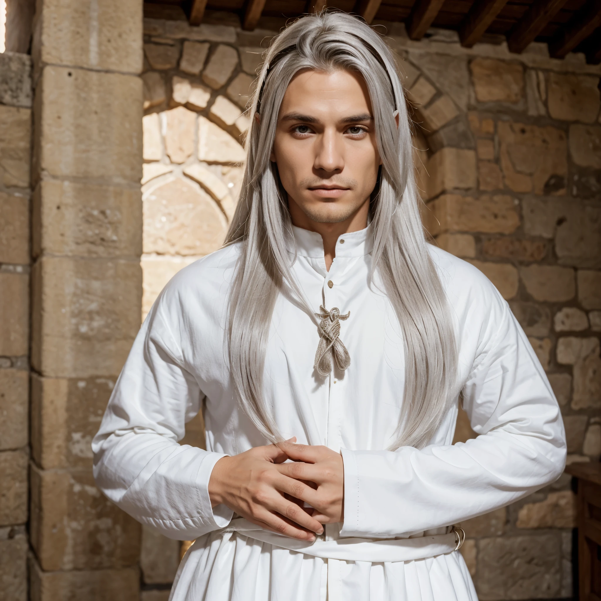 Homem, elfo, heterocromia, cabelos branco, roupa medieval, cabelo liso.