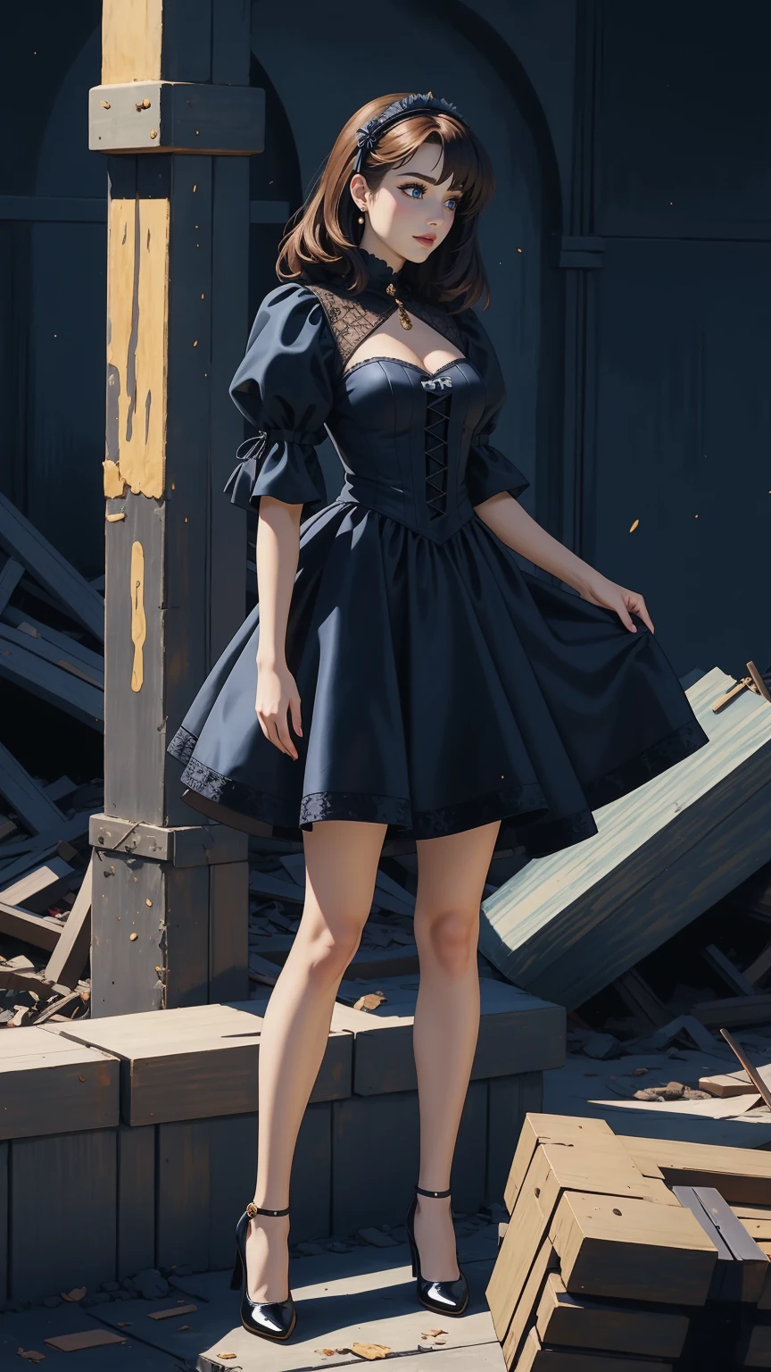 A woman, gothic lolita dress, glamorous gothic dress, detailed steampunk dress, fabric textures, black shoes, turned legs, (standing atop a pile of rubble), gothic style, deep blue tones, soft lighting, super detail, highest quality, (masterpiece, best quality:1.2)
