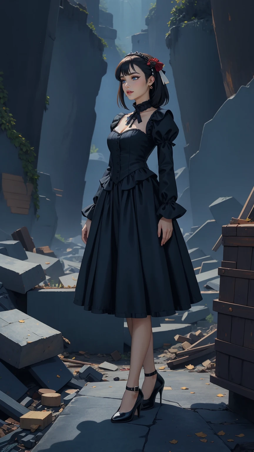 A woman, gothic ****ta dress, glamorous gothic dress, detailed steampunk dress, fabric textures, black shoes, turned legs, (standing atop a pile of rubble), gothic style, deep blue tones, soft lighting, super detail, highest quality, (masterpiece, best quality:1.2)
