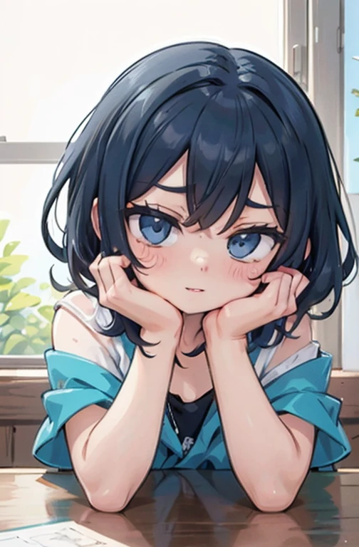 (Obra de arte, side lighting, lindos olhos finamente detalhados: 1.2), 1 garota, franja, olhos azuis, cabelo azul, eyebrows visible through hair, cabelo entre os olhos, coque de cabelo, hands on own cheeks, hands on own face, head rest, joia, mangas compridas, olhando para o espectador, cabelo medio, verruga, verruga under eye, Sozinho, tronco, youtuber virtual, Obra de arte, melhor qualidade, Messy hair, trends on Artstation, 8k resolution, altamente detalhado, Anatomicamente correto, clear image, pintura digital, arte conceitual, trends on pixiv, estilo de Makoto Shinkai,