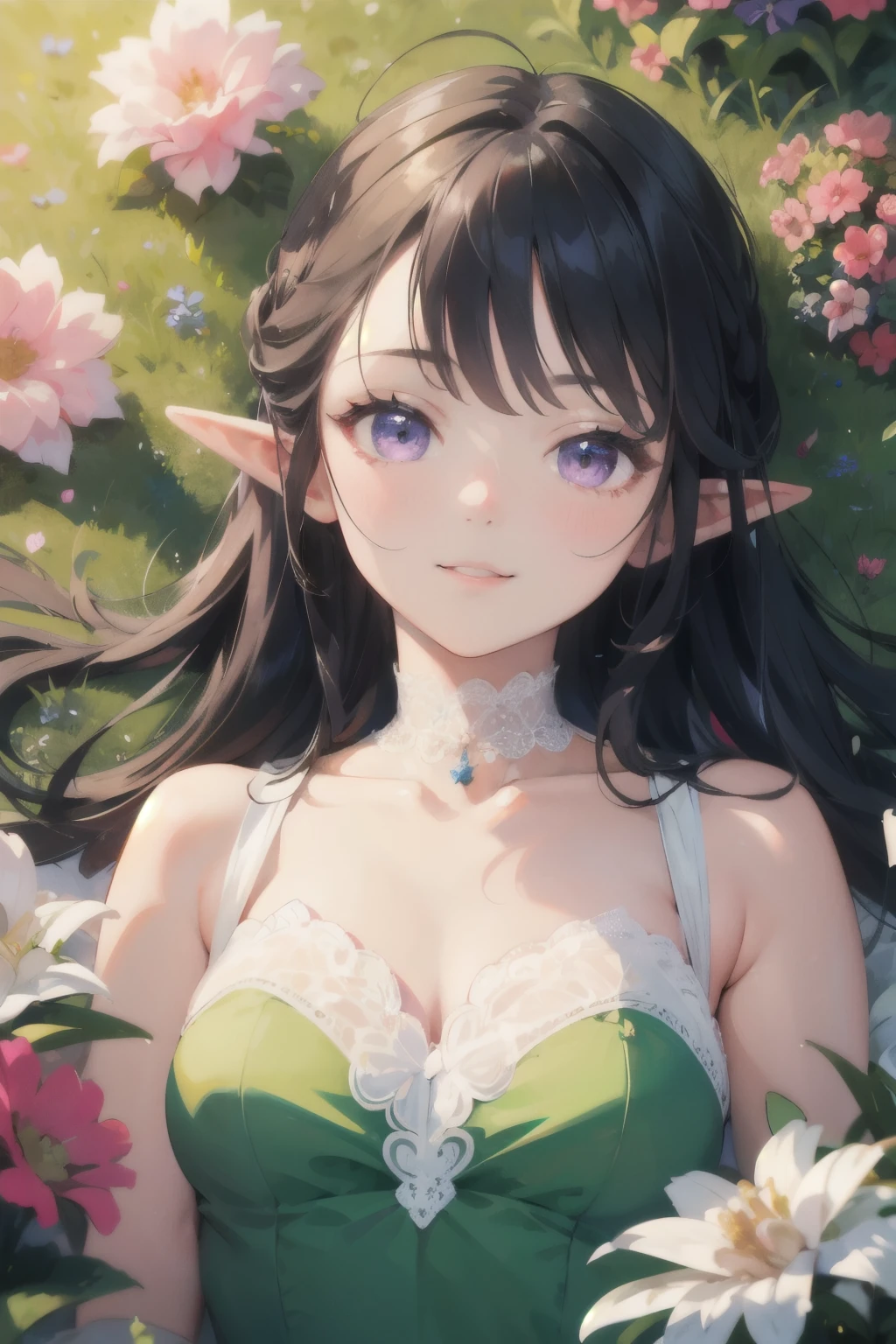 ((best quality)), ((masterpiece)), (detailed), perfect face, elf, black hair, long hair, purple eyes, dress, flowers, pink flowers, happy, sunny, green grass, lawn, lace choker, romantic, soft smile, looking at viewer, portrait, ribbons