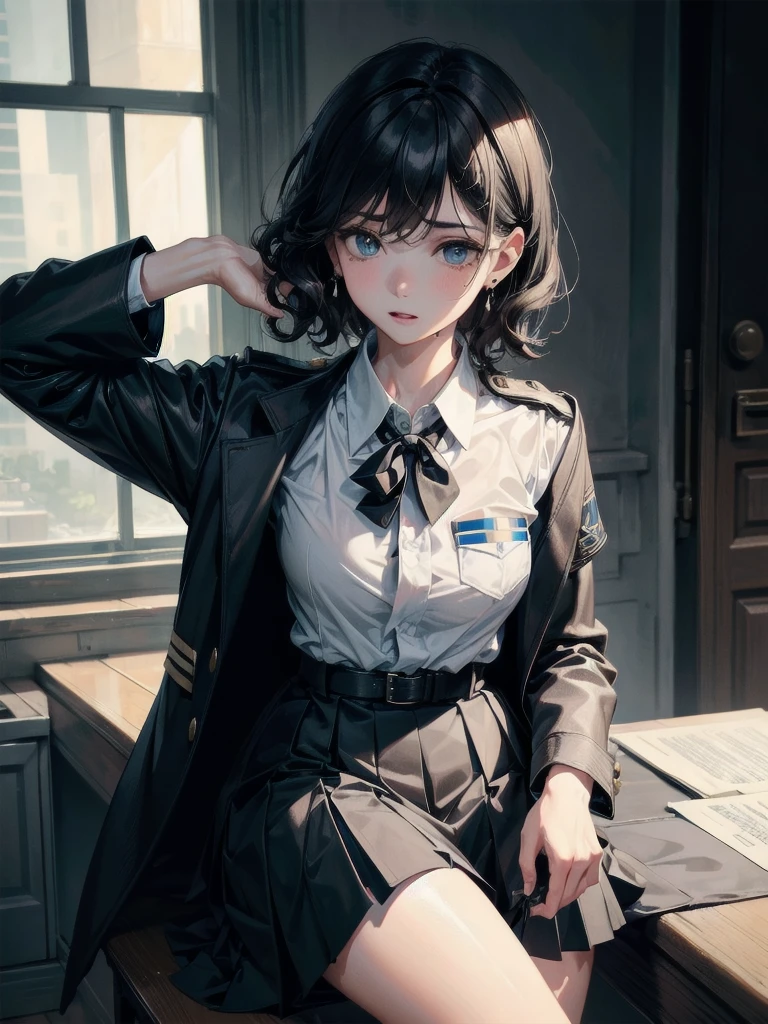 police uniform, collared shirt, skirt, absurdres, RAW photo, extremely delicate and beautiful, masterpiece, Best Quality, ultra high resolution, 32k, hyperrealistic, ultra-detailed, perfect figure, beautiful face and eyes, tearful mole, earring, whole body shot, short medium hair, wavy hair,