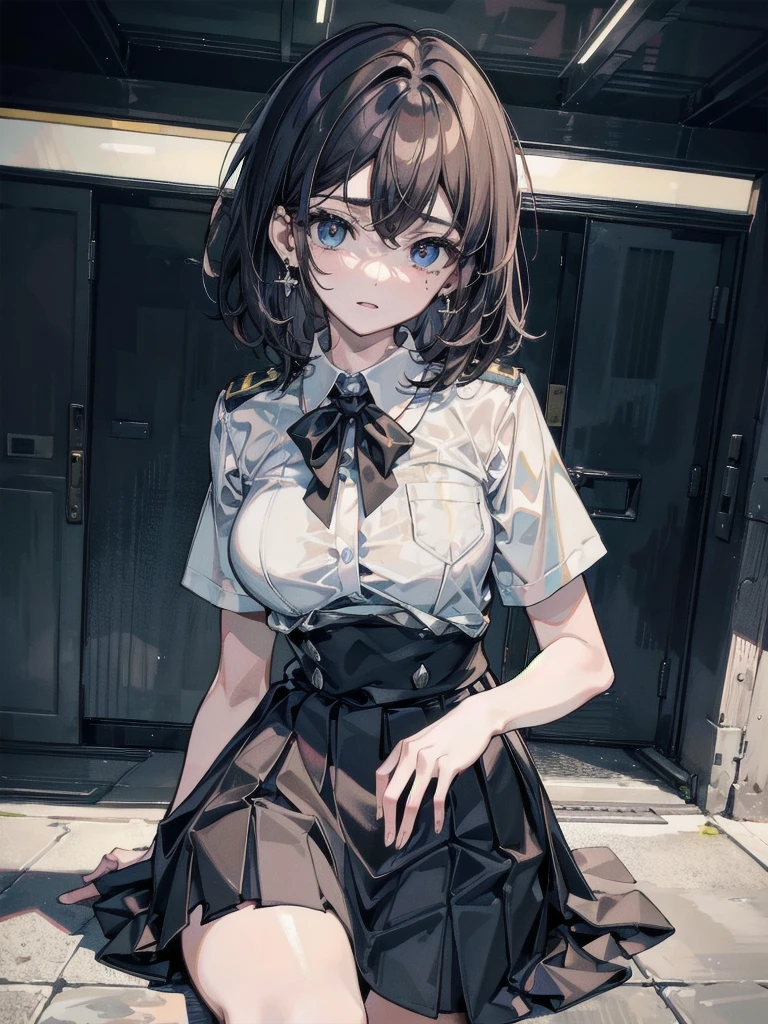 police uniform, collared shirt, skirt, absurdres, RAW photo, extremely delicate and beautiful, masterpiece, Best Quality, ultra high resolution, 32k, hyperrealistic, ultra-detailed, perfect figure, beautiful face and eyes, tearful mole, earring, whole body shot, short medium hair, wavy hair,