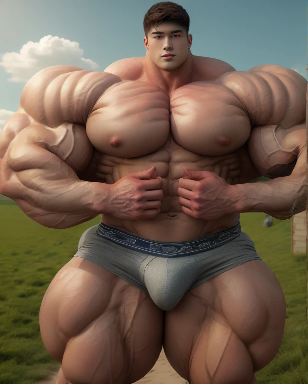 1 asian man, handsome, giant, buzz haircut, model shoot style, looking at camera, standing up, cool ambiance, outdoor, commercial photoshoot, large dry meadows, strong body, bulk, naked, wear grey prominent bulge triangular underwear, big, brutalmass, giant, muscular body, bulk, massive body, large meaty body size, brown skin, huge arms, ballooning meaty chests