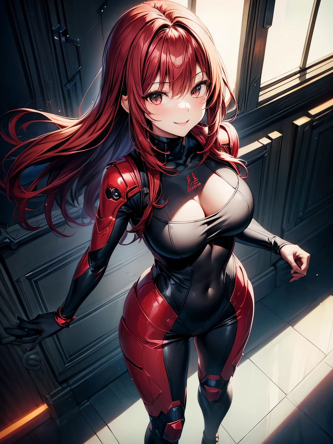 highest quality、Nice sexy body、One Woman、solo、(Beautiful busty woman:1.5)、Medium hair woman、((Woman with dark red hair))、A woman in a black, red and white full body cyber suit、smile、Sexy pose