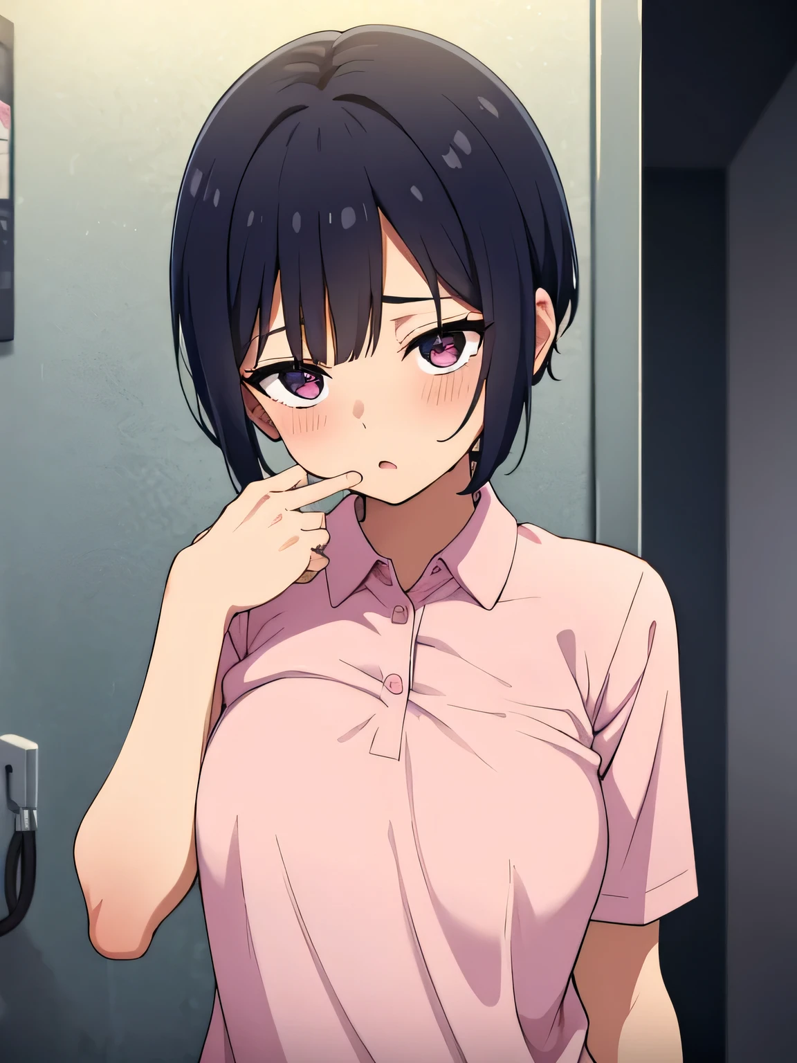 1. Beautiful woman in a pink polo shirt, Short sleeves Short hair, Small breasts,Black Hair, Hospital Beautiful Cute High Quality Saliva Feel Perfect Fingers Naked Blowjob Perfect Male Organ Perfect Hands  Troubled Face Reluctant