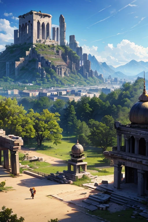 destroyed arabic temple ruins destroyed tower mountain background