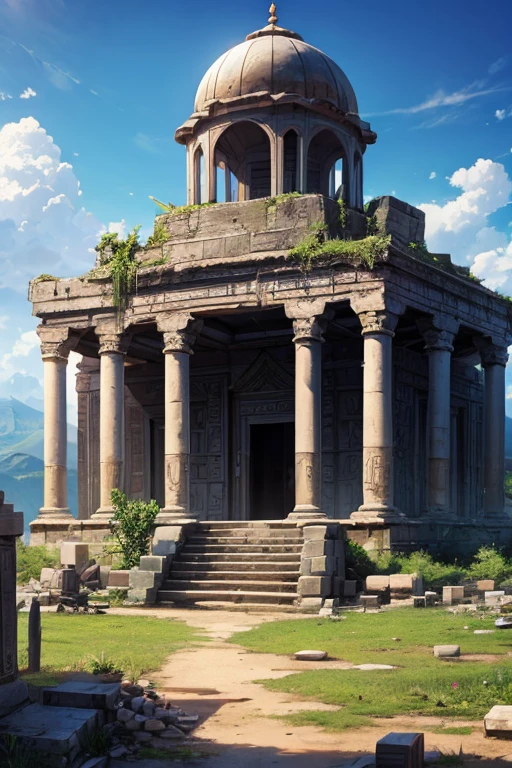 destroyed arabic temple ruins destroyed tower mountain background