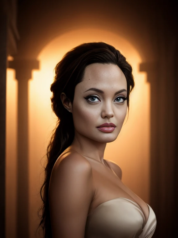 (masterpiece:1.2), (best quality,:1.2), 8k, HDR, ultra detailed, ((photorealistic)), professional light, cinematic lighting, sexy photography, ambient lighting, atmospheric effects, angl, Angelina Jolie as a Lara Croft, upper body shot, topless, magical temple, (perfect hands), epiCPhoto