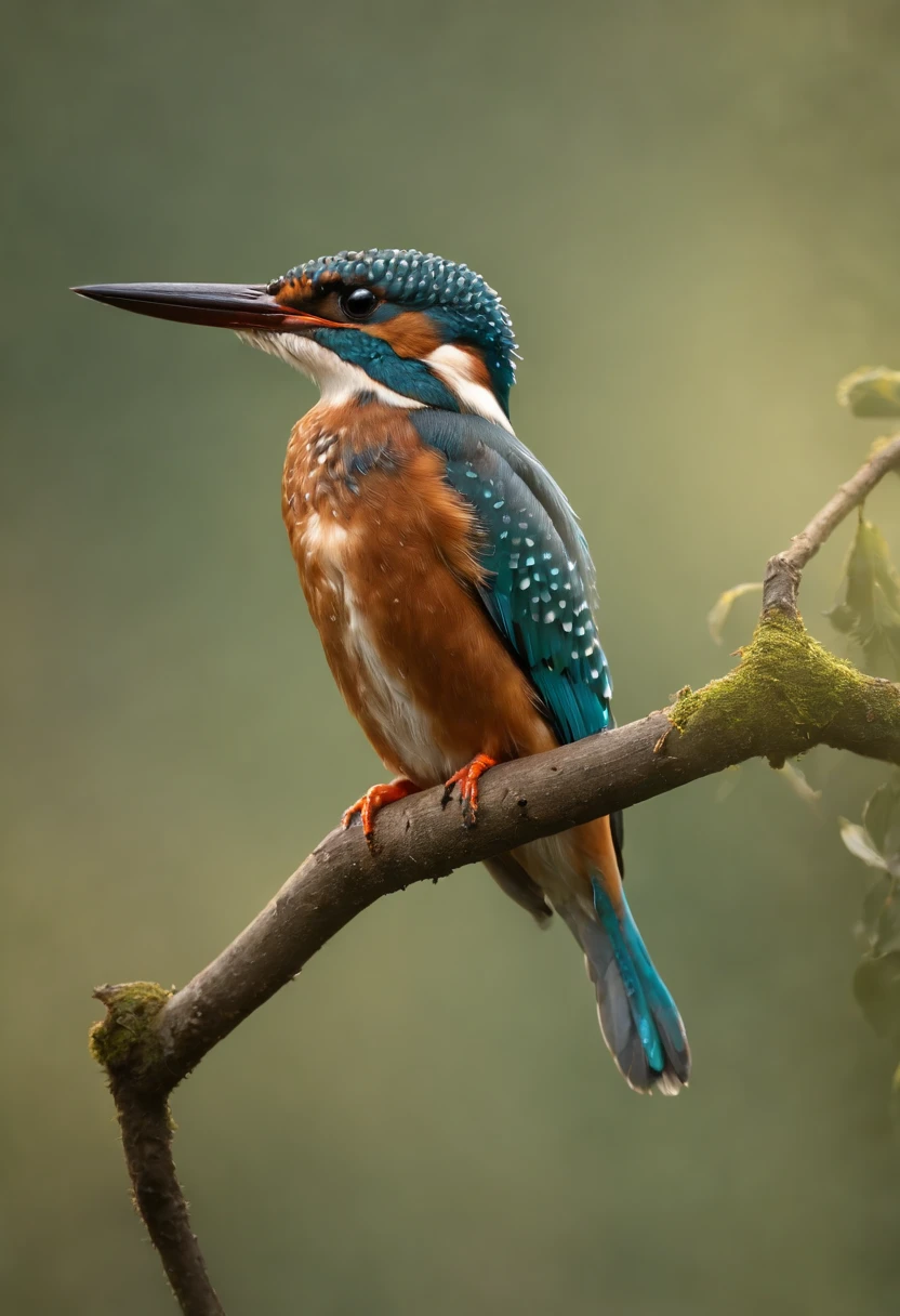 A kingfisher stands gracefully on a branch, Strong morning light diffuses through the mist,Slowly rising around, Highlight its intricate feathers in dramatic side lighting