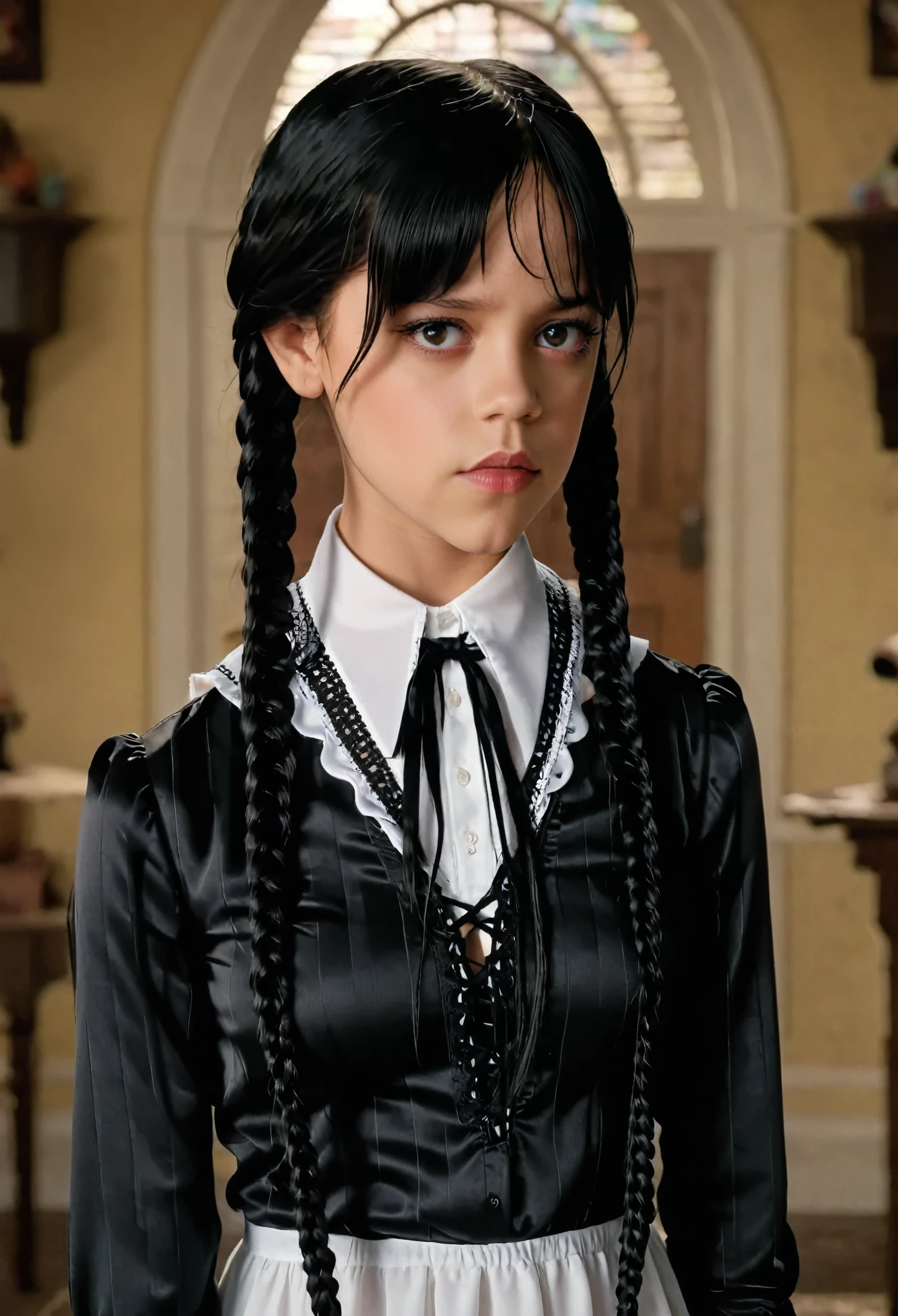 (full head):1.8, Arafed woman looks like Jenna Ortega with braids in a ((white dress and laced shirt, big breast):1.9), as Mittwoch Addams, Mittwoch Addams, she has white eyes!!!, Sie hat schwarze Haare mit Pony, with black pigtails, she has a sweet face
