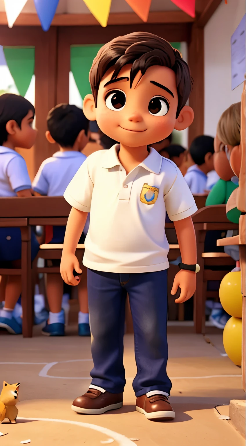 Menino fofo de 3 anos brincando com os amiguinhos em sua festa de aniversario na escola