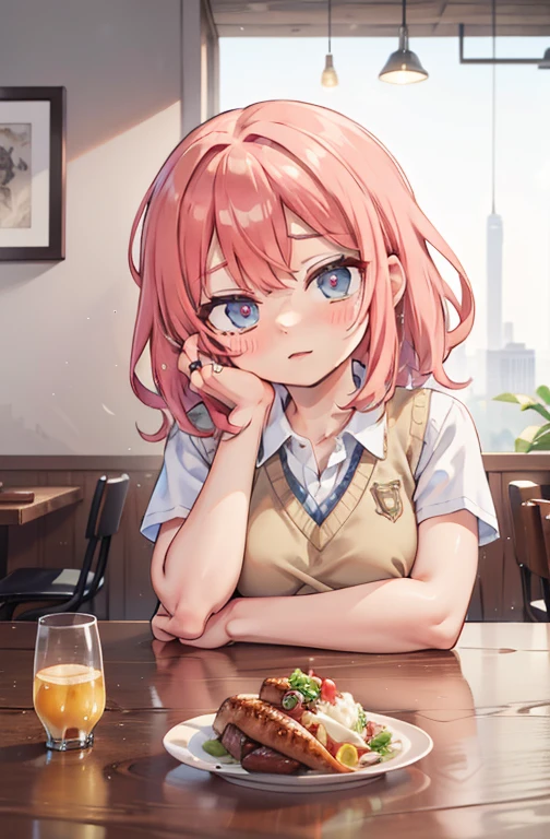 (Obra de arte, melhor qualidade), 1 garota, cabelo loiro, Olhos rosa, tilt your head, nariz corado, do outro lado da mesa pov, seios enormes, sweater vest, Burberry print, colares, pulseiras, bare arms, comida, bife, Romantic lighting, glass of champagne, rosto e olhos detalhados, restaurant,