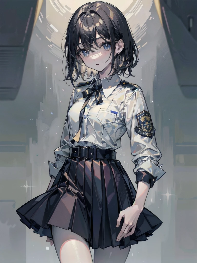 police uniform, collared shirt, skirt, absurdres, RAW photo, extremely delicate and beautiful, masterpiece, Best Quality, ultra high resolution, 32k, hyperrealistic, ultra-detailed, detailed description, pale skin, 20 years old, tearful mole, earring, short medium hair, wavy hair, whole body shot,