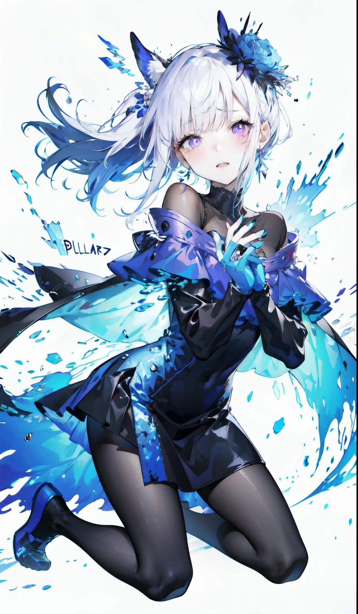 ((masterpiece:1.4,best quality)),(Super detailed),(Extremely detailed eyes),(Black leggings,Shiny socks:1.5),Hello Darkness
(Cute girls),15 years old,(Blood-red pupils,Diamond-shaped pupil:1.15),Purple Eyeshadow,(Elongated hair,Thick hair,Single ponytail,shiny hair:1.5)(Variza:1.2),Fair skin,despair,Grief,Empty eyes,Tears streaming down my face,tilt head to one side,Kneel down
(She wears blue armor,A blue dress,:1.5),(blue gloves:1.4)Very long plush sleeves,Chained hands,White,White Cloud,Dream bubbles ,Black nails,Ice and glitter effects
(Black long skirt:1.1),
(dawn:1.2),
(Intense black and white:1.16),(Depth of Field:1.4),,Intricate details,