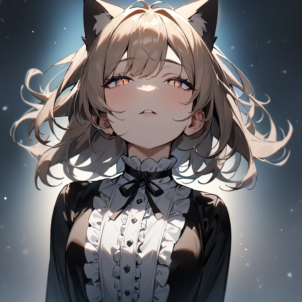 1girl,portrait,Cat ear,Slit pupil,masterpiece,best quality, very aesthetic,absurdres,highlight,center frills,cat ear,medium shot,looking at viewer,half closed eyes,front view,(looking up:1.3),Parted lips