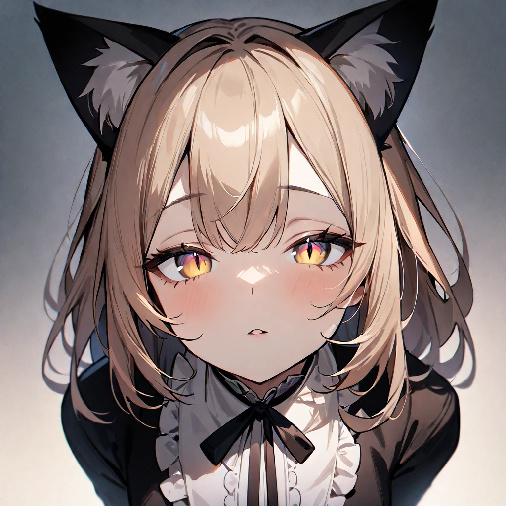 1girl,portrait,Cat ear,Slit pupil,masterpiece,best quality, very aesthetic,absurdres,highlight,center frills,cat ear,medium shot,looking at viewer,half closed eyes,front view,(looking up:1.3),Parted lips,kiss,from above,Dutch angle,straight-on