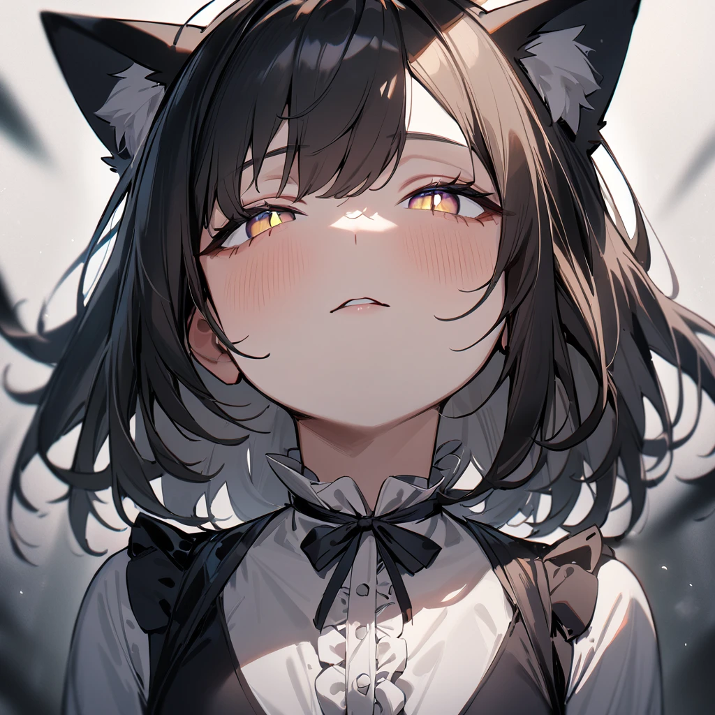 1girl,portrait,Cat ear,Slit pupil,masterpiece,best quality, very aesthetic,absurdres,highlight,center frills,cat ear,medium shot,looking at viewer,half closed eyes,front view,(looking up:1.3),Parted lips