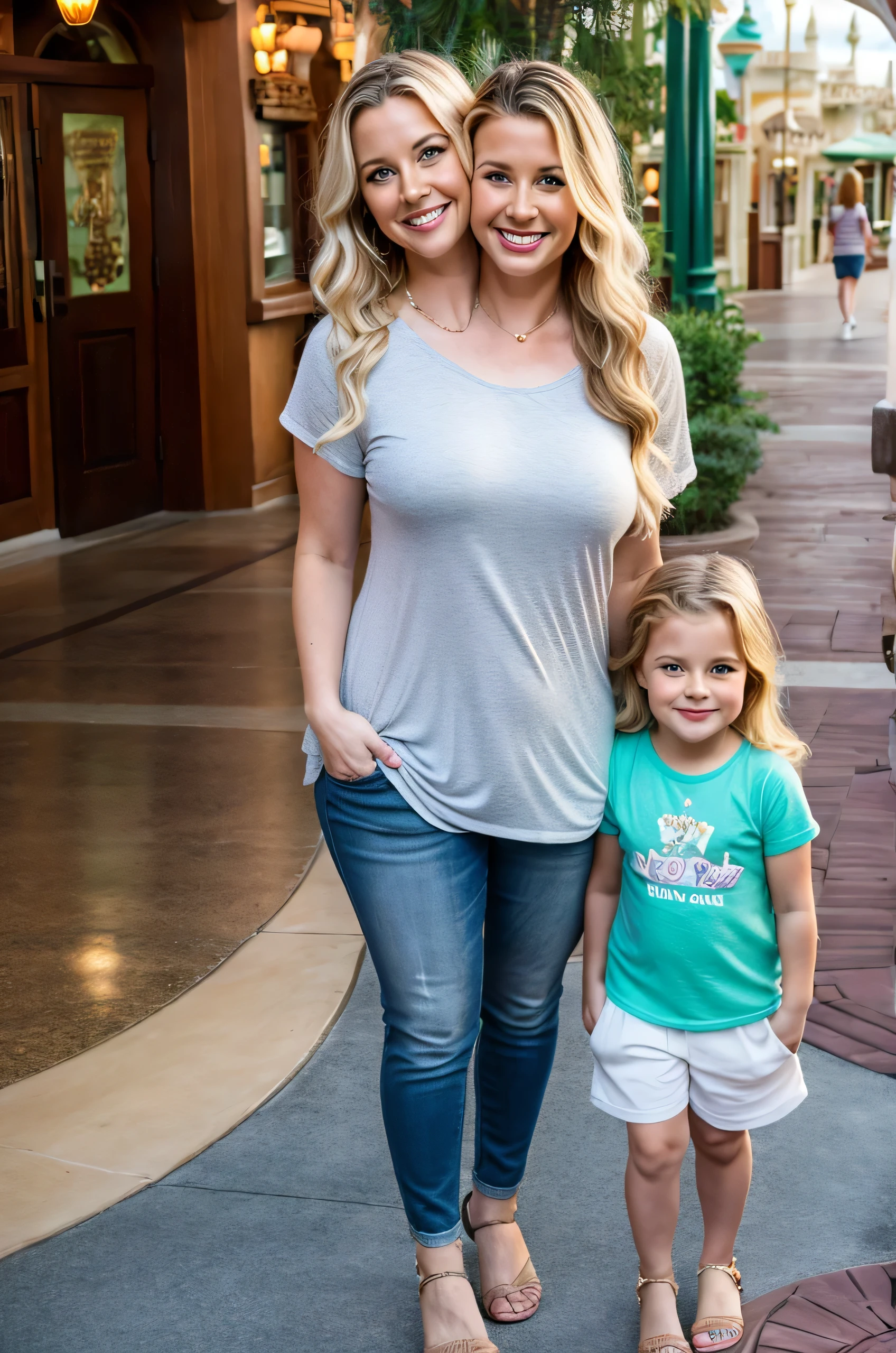 2heads, two headed mom, age 39, Irish, wavy blonde hair, curvy, loving, pretty, casual outfit, standing in Walt Disney World with her young daughter, 