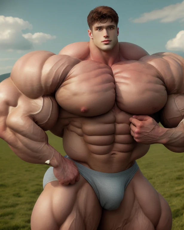 1 man, handsome, giant, buzz haircut, model shoot style, looking at camera, standing up, cool ambiance, outdoor, commercial photoshoot, large dry meadows, strong body, bulk, naked, wear grey prominent bulge triangular underwear, big, brutalmass, giant, muscular body, bulk, massive body, large meaty body size, brown skin, huge arms, ballooning meaty chests