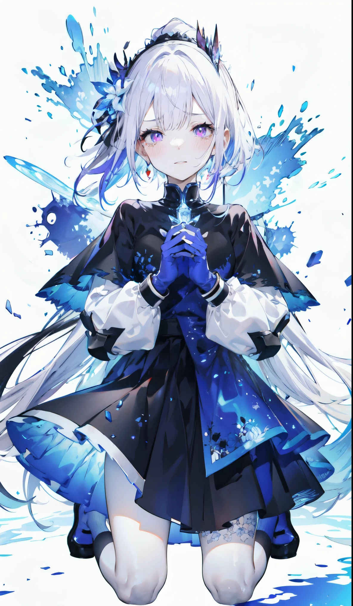((masterpiece:1.4,best quality)),(Super detailed),(Extremely detailed eyes),(Black leggings,Shiny socks:1.5),Hello Darkness
(Cute girls),15 years old,(Blood-red pupils,Diamond-shaped pupil:1.15),Purple Eyeshadow,(Elongated hair,Thick hair,Single ponytail,shiny hair:1.5)(Variza:1.2),Fair skin,despair,Grief,Empty eyes,Tears streaming down my face,tilt head to one side,Kneel down
(She wears blue armor,A blue dress,:1.5),(blue gloves:1.4)Very long plush sleeves,Chained hands,White,White Cloud,Dream bubbles ,Black nails,Ice and glitter effects
(Black long skirt:1.1),
(dawn:1.2),
(Intense black and white:1.16),(Depth of Field:1.4),,Intricate details,