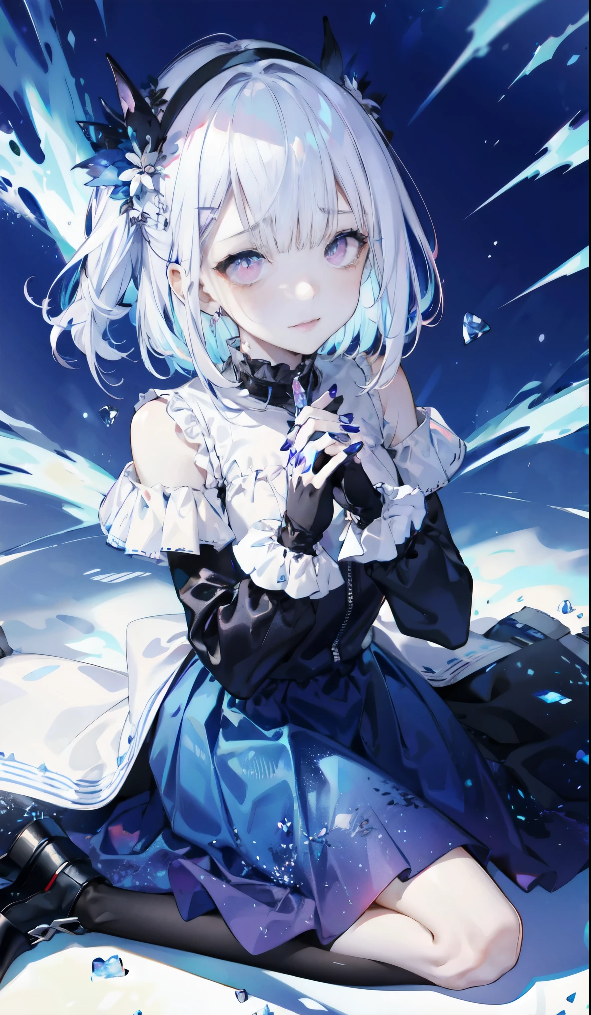 ((masterpiece:1.4,best quality)),(Super detailed),(Extremely detailed eyes),(Black leggings,Shiny socks:1.5),Hello Darkness
(Cute girls),15 years old,(Blood-red pupils,Diamond-shaped pupil:1.15),Purple Eyeshadow,(Elongated hair,Thick hair,Single ponytail,shiny hair:1.5)(Variza:1.2),Fair skin,despair,Grief,Empty eyes,Tears streaming down my face,tilt head to one side,Kneel down
(She wears blue armor,A blue dress,:1.5),(blue gloves:1.4)Very long plush sleeves,Chained hands,White,White Cloud,Dream bubbles ,Black nails,Ice and glitter effects
(Black long skirt:1.1),
(dawn:1.2),
(Intense black and white:1.16),(Depth of Field:1.4),,Intricate details,