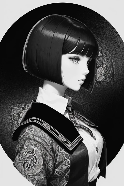 Ultra-detailed, master piece, Top quality, 1 girl, Beardsley style picture, monochrome, line_art, block print, side view, school_uniform, bob_cut_hair, bangs, Very_beautiful_face, very_beautiful_eyes, even_eyes