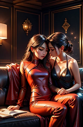 two women in lingersuits sitting on a couch in a room, various seducing pose, alena aenami and lilia alvarado, tithi luadthong, lesbian art, wlop and sakimichan, sensual painting, trending on cgstation, seductive. highly detailed, sexy pose, kissing together cutely, passionate pose