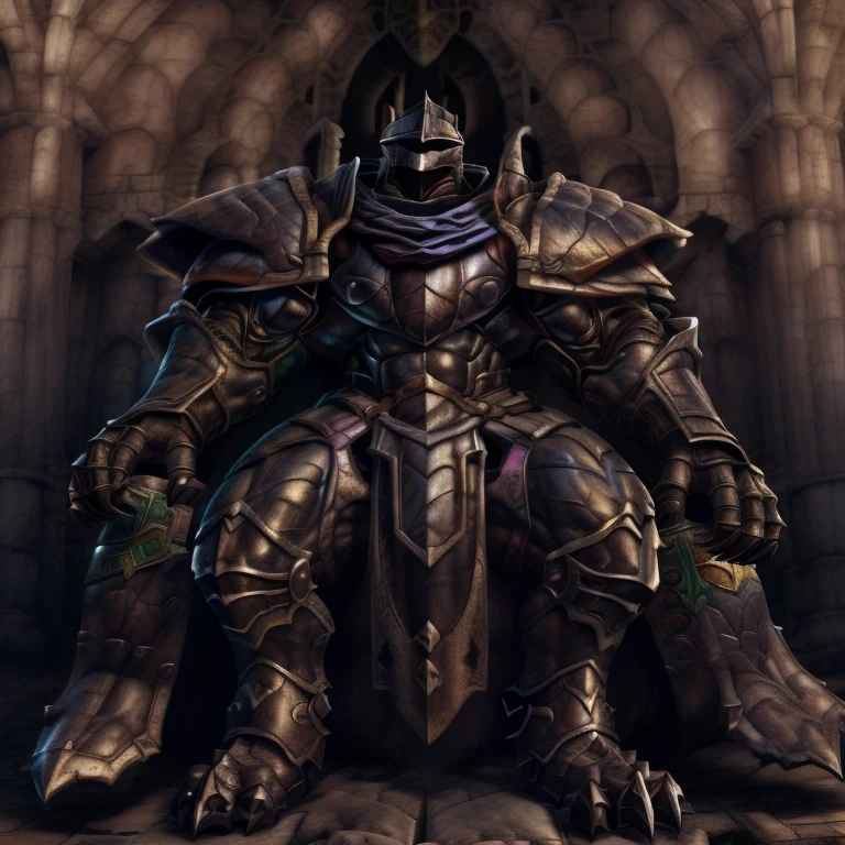 (masterpiece, best quality, detailed:1.2) (Pokémon) LUCARIO, detailed full body, a knight's mechanical armor, glowing wide and heavy armor, wears full body armor. massive muscles, huge pecs, chiseled abs, huge pectorals, exaggeratedly huge muscles. wearing a cloak. unusually developed muscular body big muscle, pecs, triceps, traps, waist narrow, unusually developed muscular body, Dark knight, BlackKnight_fe, The claws are sharp, Sharp teeth, He wears a black cloak on his back. sitting on the throne, gigantic muscles, nj5furry,