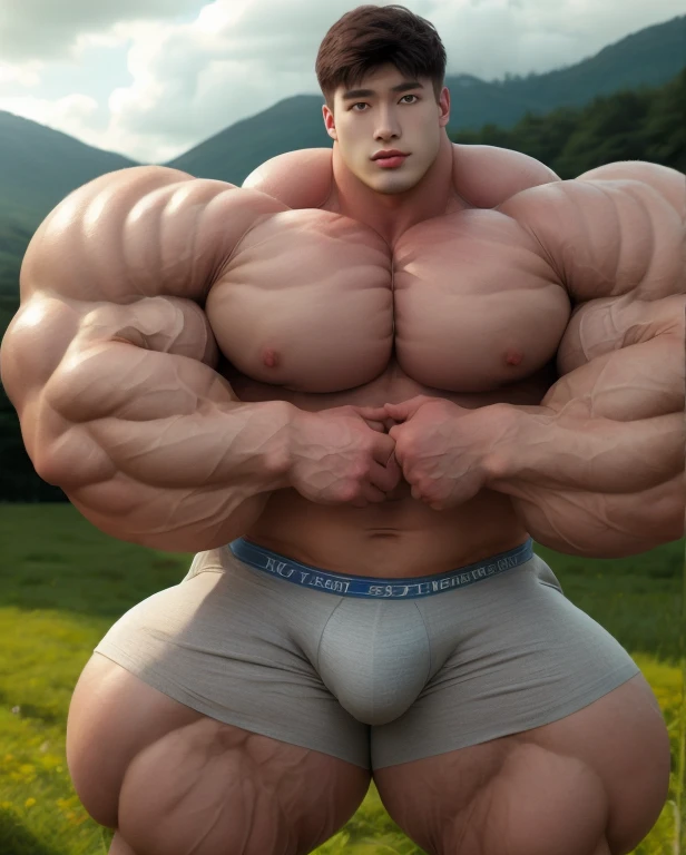 1 asian man, handsome, giant, buzz haircut, model shoot style, looking at camera, standing up, cool ambiance, outdoor, commercial photoshoot, large dry meadows, strong body, bulk, naked, wear grey prominent bulge triangular underwear, big, brutalmass, giant, muscular body, bulk, massive body, large meaty body size, brown skin, huge arms, ballooning meaty chests