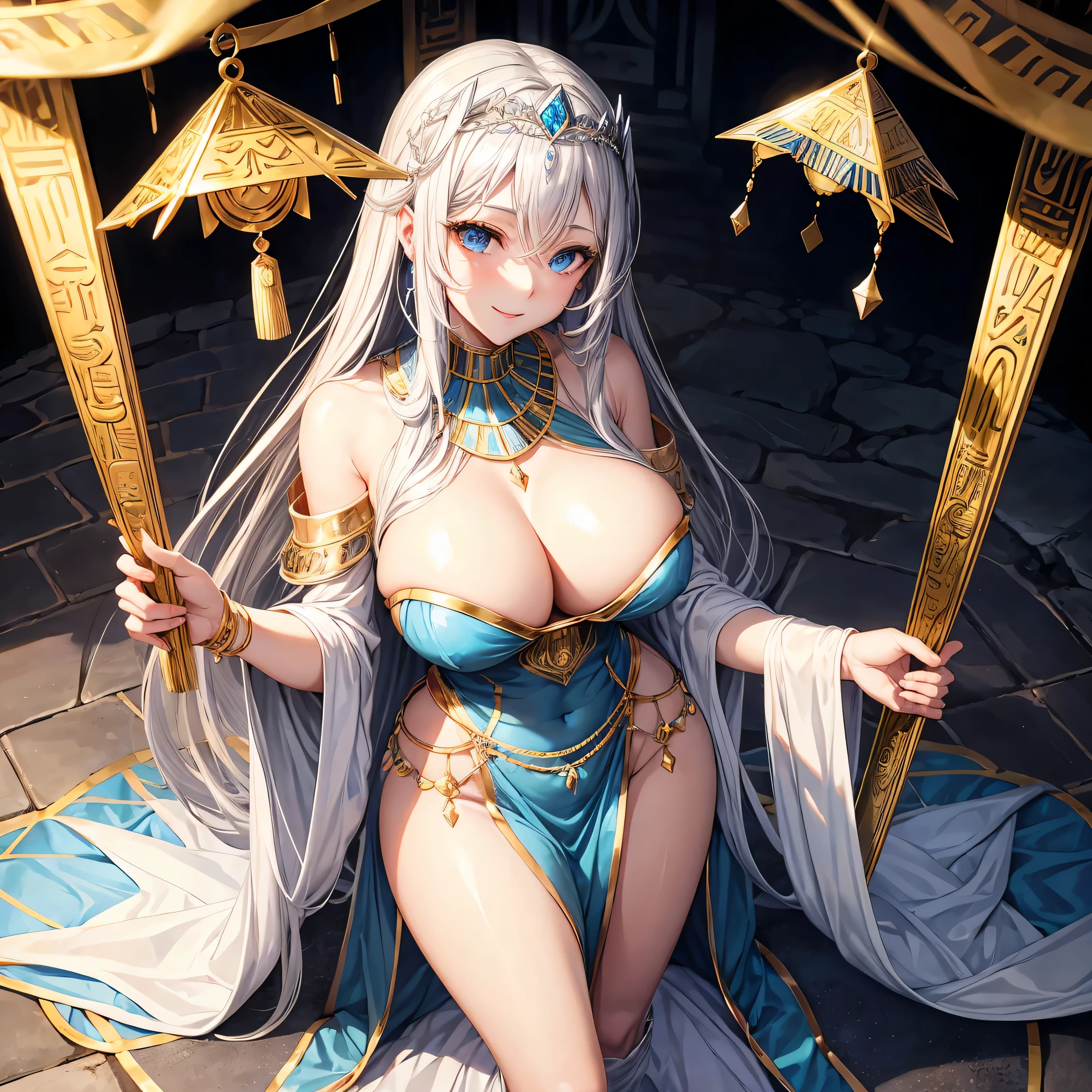 Whitening Gray Hair Long Hair blue eyes smile tiara Green Egyptian Costume beauty sexy Big Breasts mature whole Mysterious charm Charming pyramid Valet Key Beautiful breasts fortune teller Standing posture