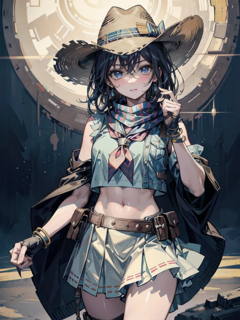 cowgirl costume, vest, cowboy hat, fingerless gloves, midriff, neckerchief, short skirt, holster, absurdres, RAW photo, extremely delicate and beautiful, masterpiece, Best Quality, ultra high resolution, 32k, hyperrealistic, ultra-detailed, perfect figure, tearful mole, earring, whole body shot, short medium hair, wavy hair,
