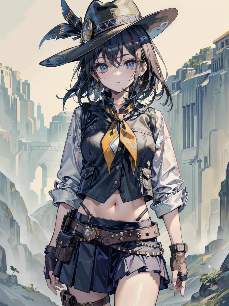 cowgirl costume, vest, cowboy hat, fingerless gloves, midriff, neckerchief, short skirt, holster, absurdres, RAW photo, extremely delicate and beautiful, masterpiece, Best Quality, ultra high resolution, 32k, hyperrealistic, ultra-detailed, perfect figure, tearful mole, earring, whole body shot, short medium hair, wavy hair,